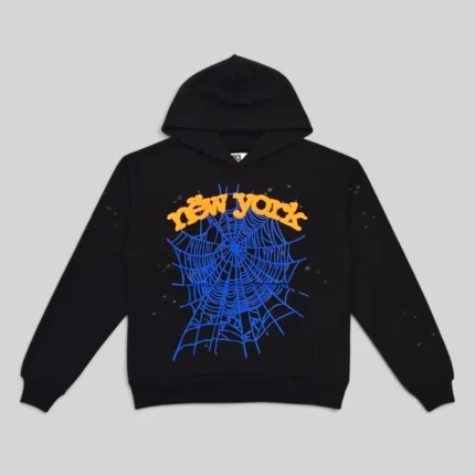 Front view of the black Sp5der OG Web V2 Knicks Alternate Hoodie with blue web and orange New York graphic print