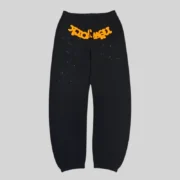 Front view of black Sp5der OG Web V2 Knicks Alternate Sweatpants featuring orange puff print and star details.