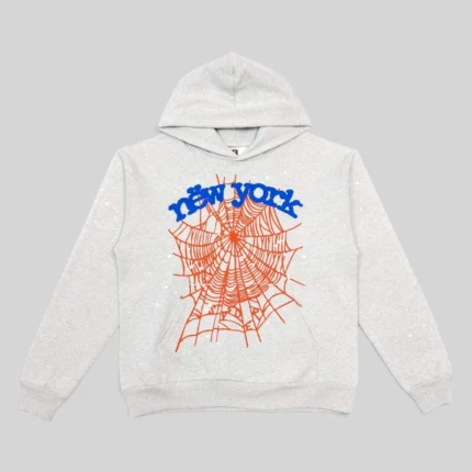 Sp5der OG Web V2 Knicks Home Hoodie in grey with a vibrant front web graphic, shown in a clean front-facing view.
