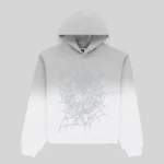 Front view of the Sp5der OG Web V2 Ombre Hoodie in Sport Grey with a signature grey-to-white gradient web design.