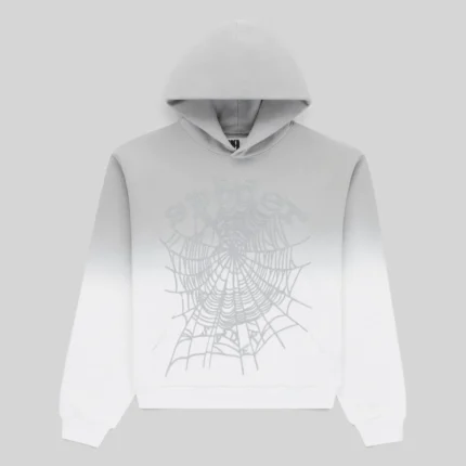 Front view of the Sp5der OG Web V2 Ombre Hoodie in Sport Grey with a signature grey-to-white gradient web design.