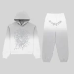 Sp5der OG Web V2 Ombre Tracksuit in Sport Grey, featuring a hoodie and sweatpants with signature web graphic prints.