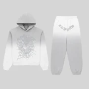 Sp5der OG Web V2 Ombre Tracksuit in Sport Grey, featuring a hoodie and sweatpants with signature web graphic prints.