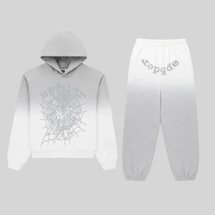 Sp5der OG Web V2 Ombre Tracksuit in Sport Grey, featuring a hoodie and sweatpants with signature web graphic prints.
