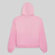Back view of the Light Pink Sp5der OG Web V2 Spray Zip Hoodie made from 13oz premium cotton fleece for streetwear.
