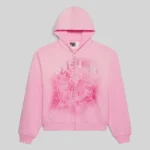 Sp5der OG Web V2 Spray Zip Hoodie in Light Pink with front web and rhinestone print