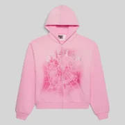 Sp5der OG Web V2 Spray Zip Hoodie in Light Pink with front web and rhinestone print