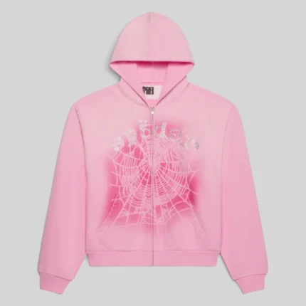 Sp5der OG Web V2 Spray Zip Hoodie in Light Pink with front web and rhinestone print