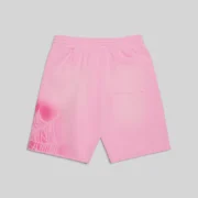 Back view of Sp5der OG Web V2 Spray Zip Sweatshorts in Light Pink, featuring a 13oz cotton fleece and spray web design.