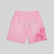Front view of the Sp5der OG Web V2 Spray Sweatshort in Light Pink with rhinestone text and web graphic design.