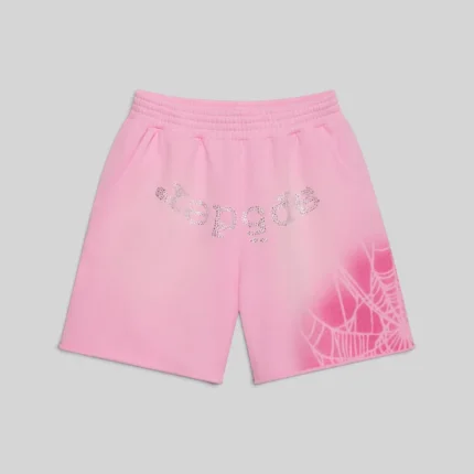 Front view of the Sp5der OG Web V2 Spray Sweatshort in Light Pink with rhinestone text and web graphic design.