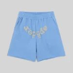 A front view of the light blue Sp5der OG Web V2 sweatshorts featuring the signature web logo detail on the front.