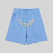 A front view of the light blue Sp5der OG Web V2 sweatshorts featuring the signature web logo detail on the front.