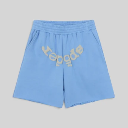 A front view of the light blue Sp5der OG Web V2 sweatshorts featuring the signature web logo detail on the front.