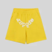 Sp5der OG Web V2 Yellow Sweatshorts featuring premium heavyweight cotton fleece and signature branding in front view.