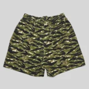 Back view of the Sp5der OG Web V2 Tiger Camo sweatshorts featuring a signature streetwear camo pattern design.