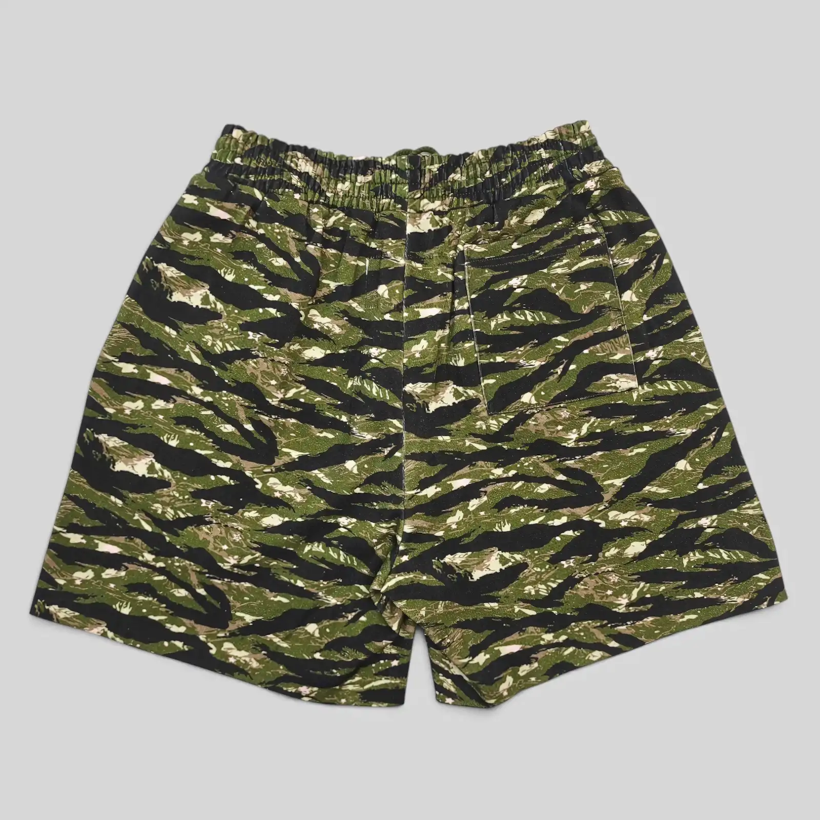 Back view of the Sp5der OG Web V2 Tiger Camo sweatshorts featuring a signature streetwear camo pattern design.