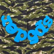 Close-up view of the Sp5der OG Web V2 Tiger Camo Sweatshorts featuring the iconic blue web graphic on tiger camo print.