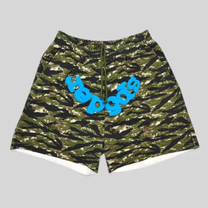 Sp5der OG Web V2 Tiger Camo Sweatshorts featuring a bold green camo pattern and signature blue graphic branding front view.