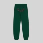 Front view of the premium green Sp5der OG Web studded sweatpants made from heavyweight 13 oz cotton fleece material.