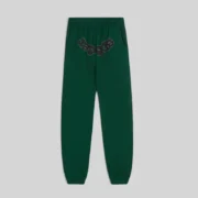Front view of the premium green Sp5der OG Web studded sweatpants made from heavyweight 13 oz cotton fleece material.