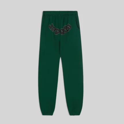 Front view of the premium green Sp5der OG Web studded sweatpants made from heavyweight 13 oz cotton fleece material.