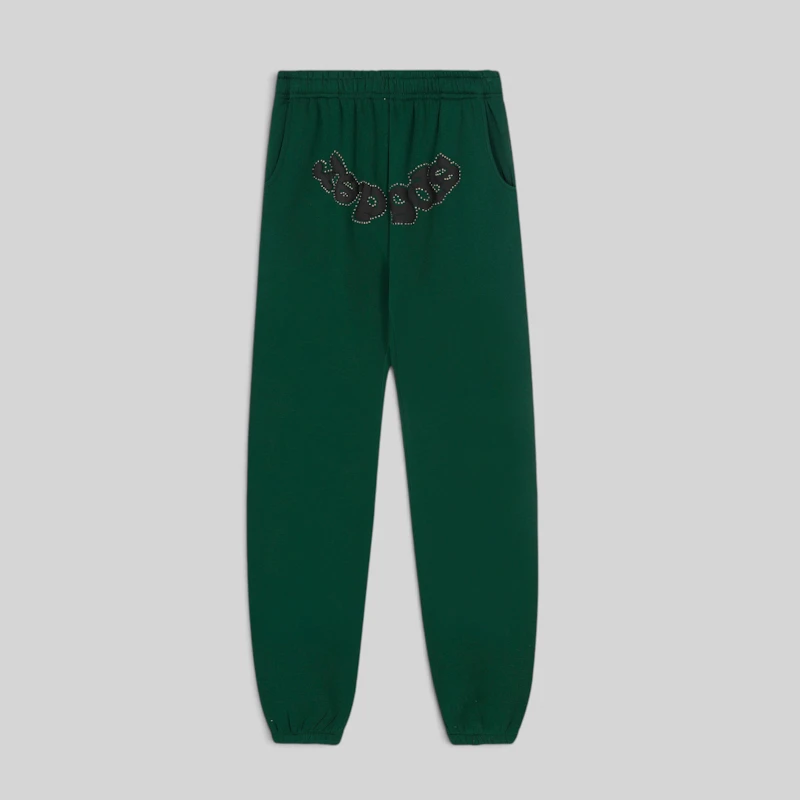 Front view of the premium green Sp5der OG Web studded sweatpants made from heavyweight 13 oz cotton fleece material.