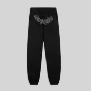 Front view of black Sp5der OG Web Studded Sweatpants featuring premium 13oz cotton fleece and detailed graphic prints.