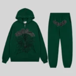 Sp5der OG Web Studded Zip Tracksuit in green featuring signature web graphics and premium cotton fleece material.