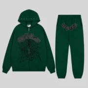 Sp5der OG Web Studded Zip Tracksuit in green featuring signature web graphics and premium cotton fleece material.