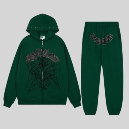 Sp5der OG Web Studded Zip Tracksuit in green featuring signature web graphics and premium cotton fleece material.