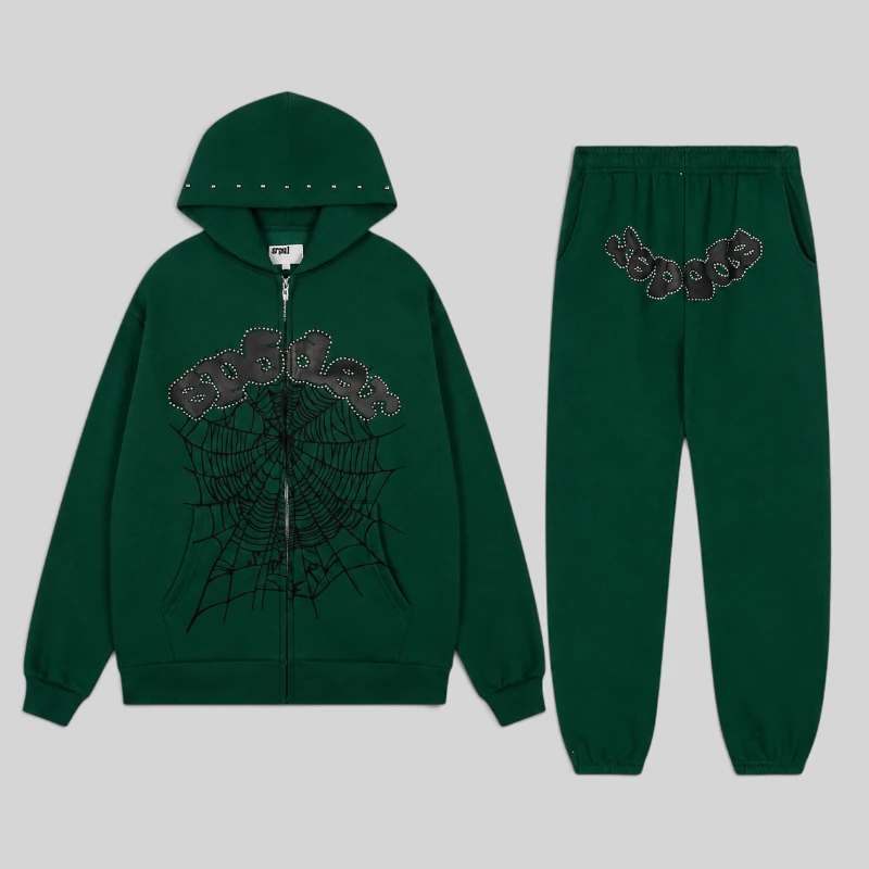 Sp5der OG Web Studded Zip Tracksuit in green featuring signature web graphics and premium cotton fleece material.
