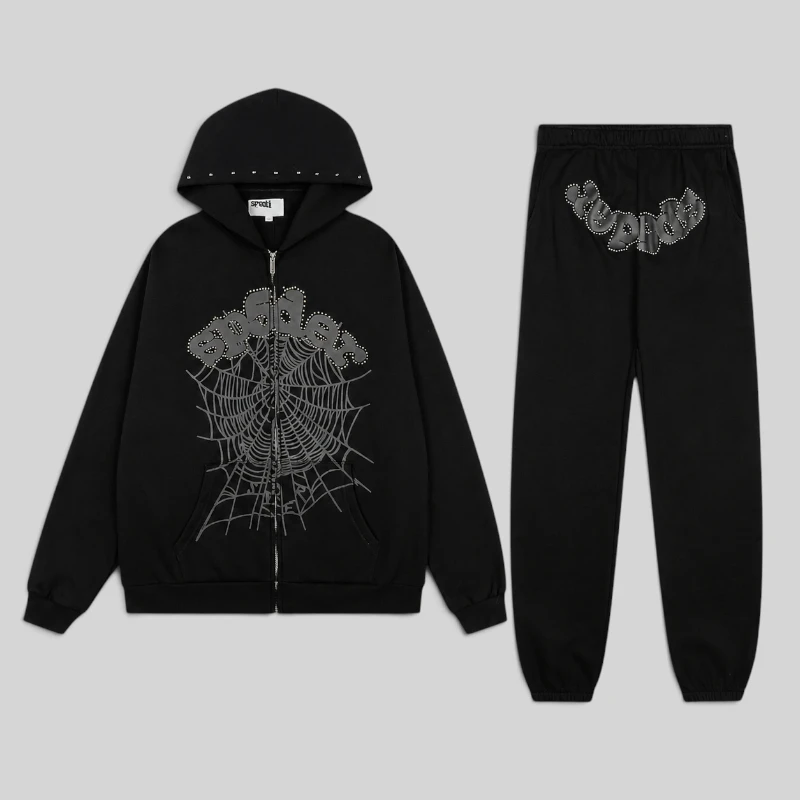 Sp5der OG Web Studded Zip Tracksuit in black featuring a zip-up hoodie and matching joggers with signature branding.