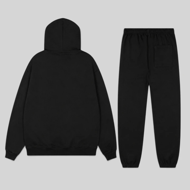 Back view of the Sp5der Og Web V2 Tracksuit in black, featuring a heavyweight cotton fleece hoodie and matching pants.