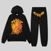 Black Sp5der Og Web V2 Tracksuit matching set featuring a fleece hoodie and sweatpants with graphic web puff prints.