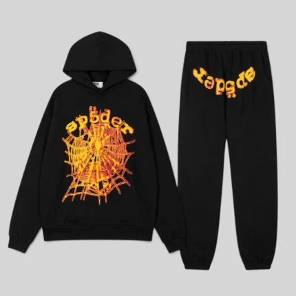 Black Sp5der Og Web V2 Tracksuit matching set featuring a fleece hoodie and sweatpants with graphic web puff prints.