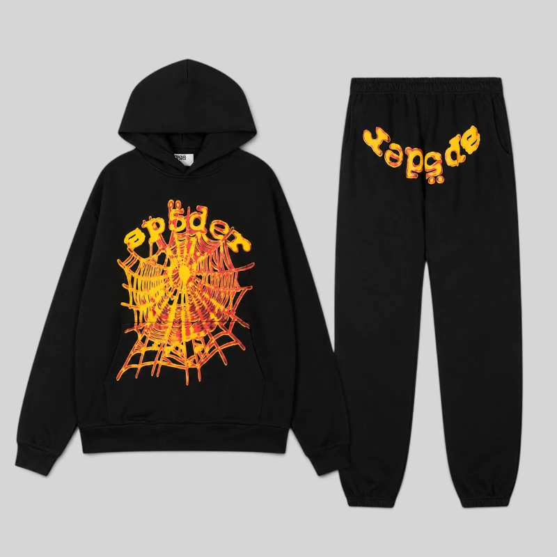 Black Sp5der Og Web V2 Tracksuit matching set featuring a fleece hoodie and sweatpants with graphic web puff prints.