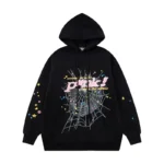 Front view of the black Sp5der P*NK hoodie featuring a spider web design and colorful star graphics on the fabric.