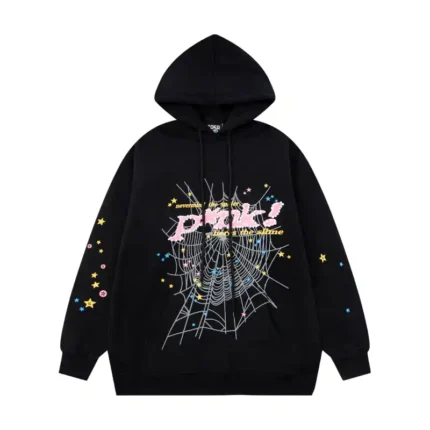 Front view of the black Sp5der P*NK hoodie featuring a spider web design and colorful star graphics on the fabric.