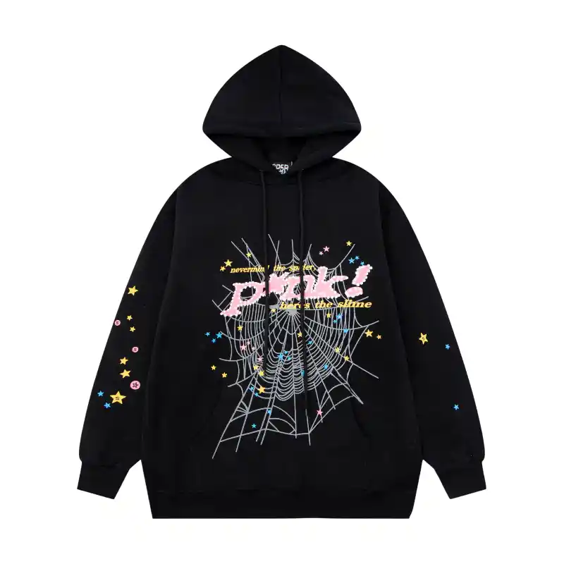 Sp5der P NK Hoodie Black Front View Front view of the black Sp5der P*NK hoodie featuring a spider web design and colorful star graphics on the fabric.