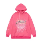 Front view of the premium Sp5der P*NK Hoodie in a bold Dark-Pink colorway featuring signature spiderweb graphic print.