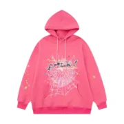 Front view of the premium Sp5der P*NK Hoodie in a bold Dark-Pink colorway featuring signature spiderweb graphic print.