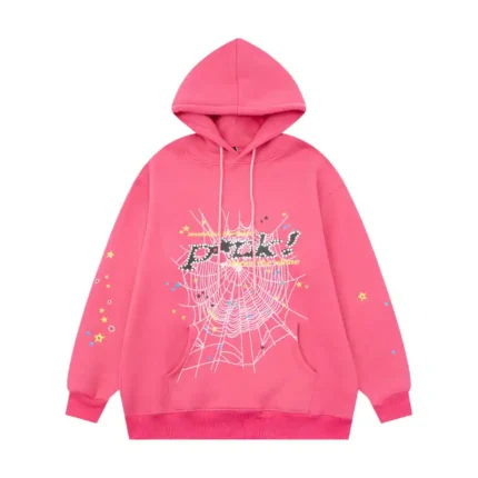Front view of the premium Sp5der P*NK Hoodie in a bold Dark-Pink colorway featuring signature spiderweb graphic print.