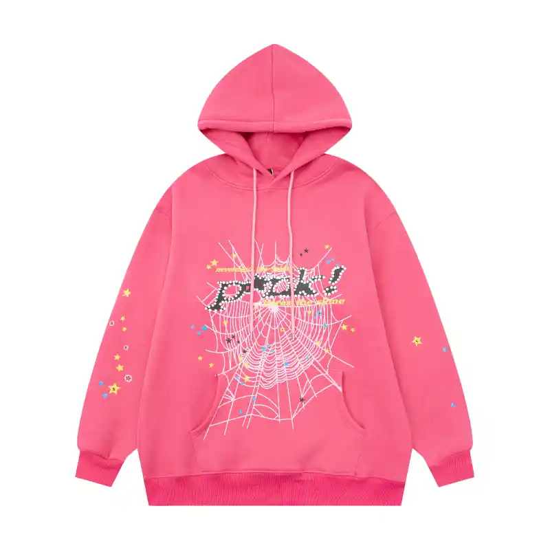 Sp5der P NK Hoodie Dark Pink Front View Front view of the premium Sp5der P*NK Hoodie in a bold Dark-Pink colorway featuring signature spiderweb graphic print.