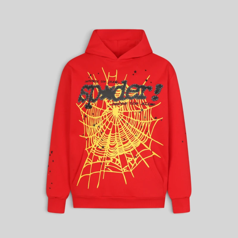 Sp5der Pnk V2 Hoodie Red Front View Front view of the heavy-duty red Sp5der P*NK V2 hoodie featuring a bold yellow web graphic and black Sp5der logo print.
