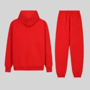 Back view of the premium Sp5der P*NK V2 red hoodie and sweatpant tracksuit set in heavyweight fleece material.