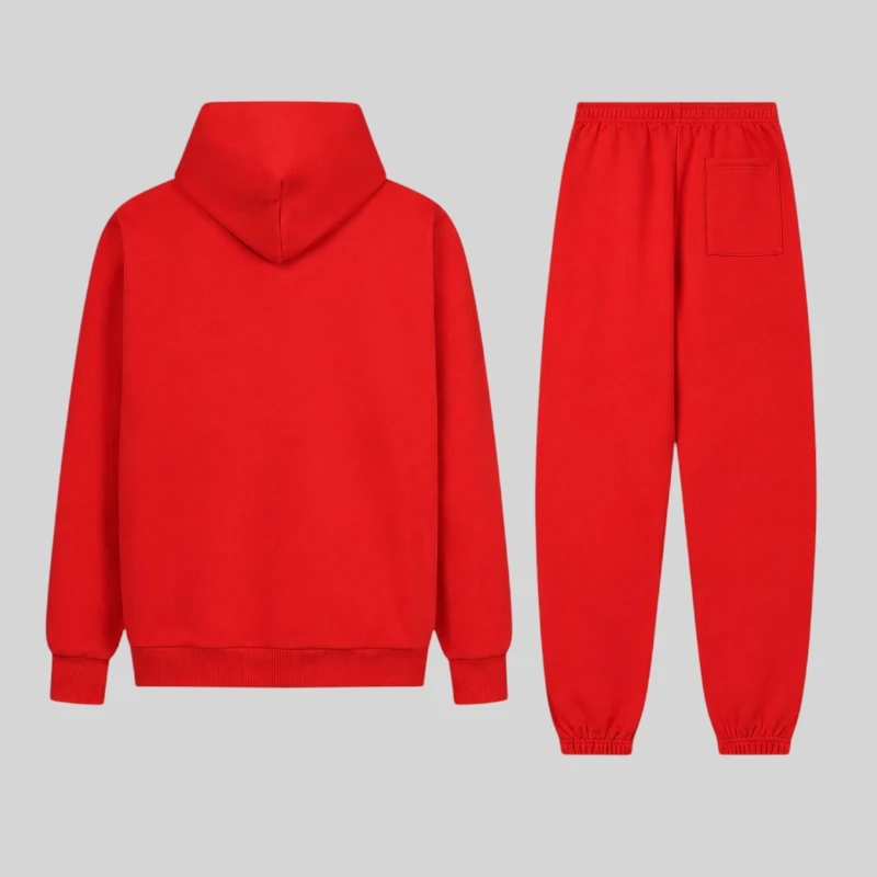 Back view of the premium Sp5der P*NK V2 red hoodie and sweatpant tracksuit set in heavyweight fleece material.