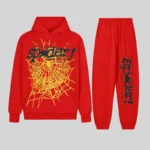 Full set front view of the Sp5der P*NK V2 Red Tracksuit featuring heavyweight cotton fleece and graphic web print.