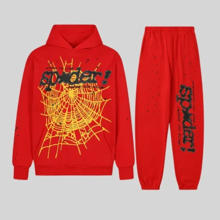 Full set front view of the Sp5der P*NK V2 Red Tracksuit featuring heavyweight cotton fleece and graphic web print.