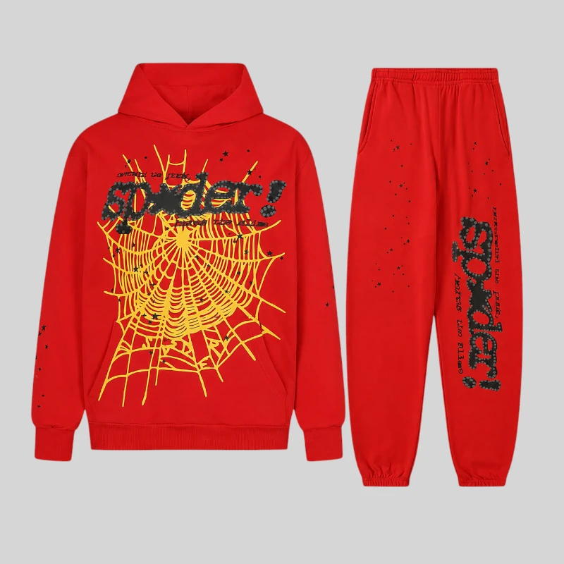 Full set front view of the Sp5der P*NK V2 Red Tracksuit featuring heavyweight cotton fleece and graphic web print.